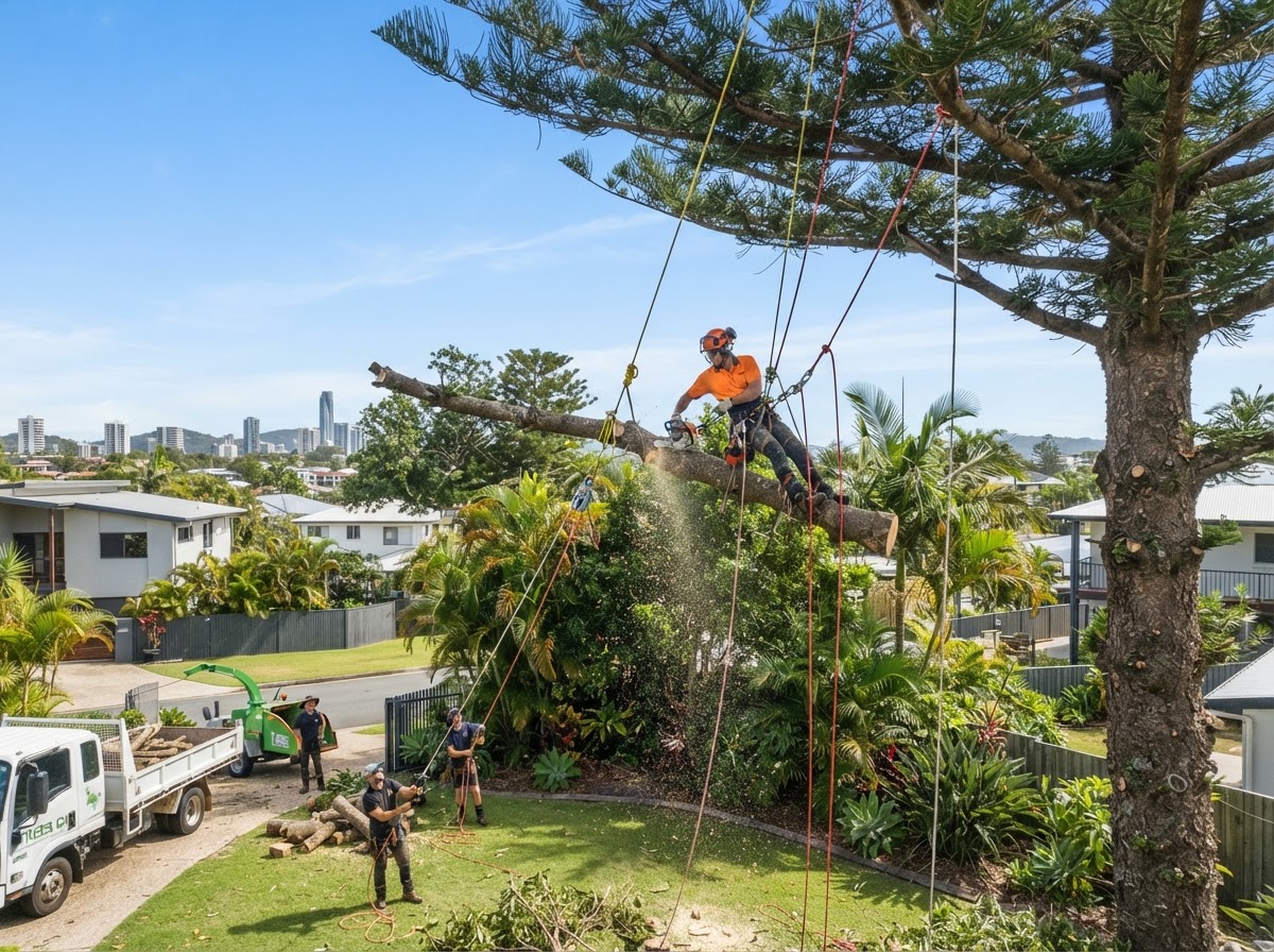 Arborist performing planned tree removal on a Gold Coast property