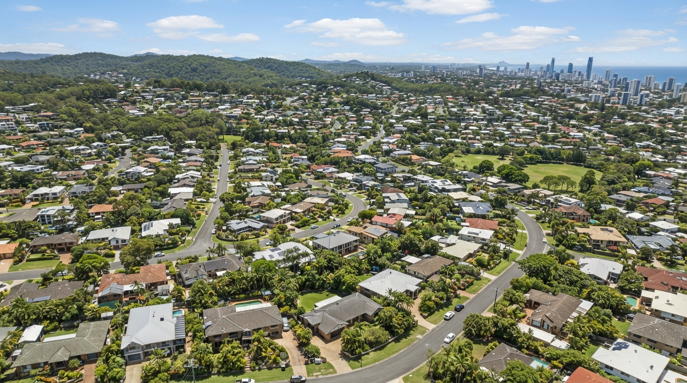 Gold Coast residential area with established trees typical of Nerang properties