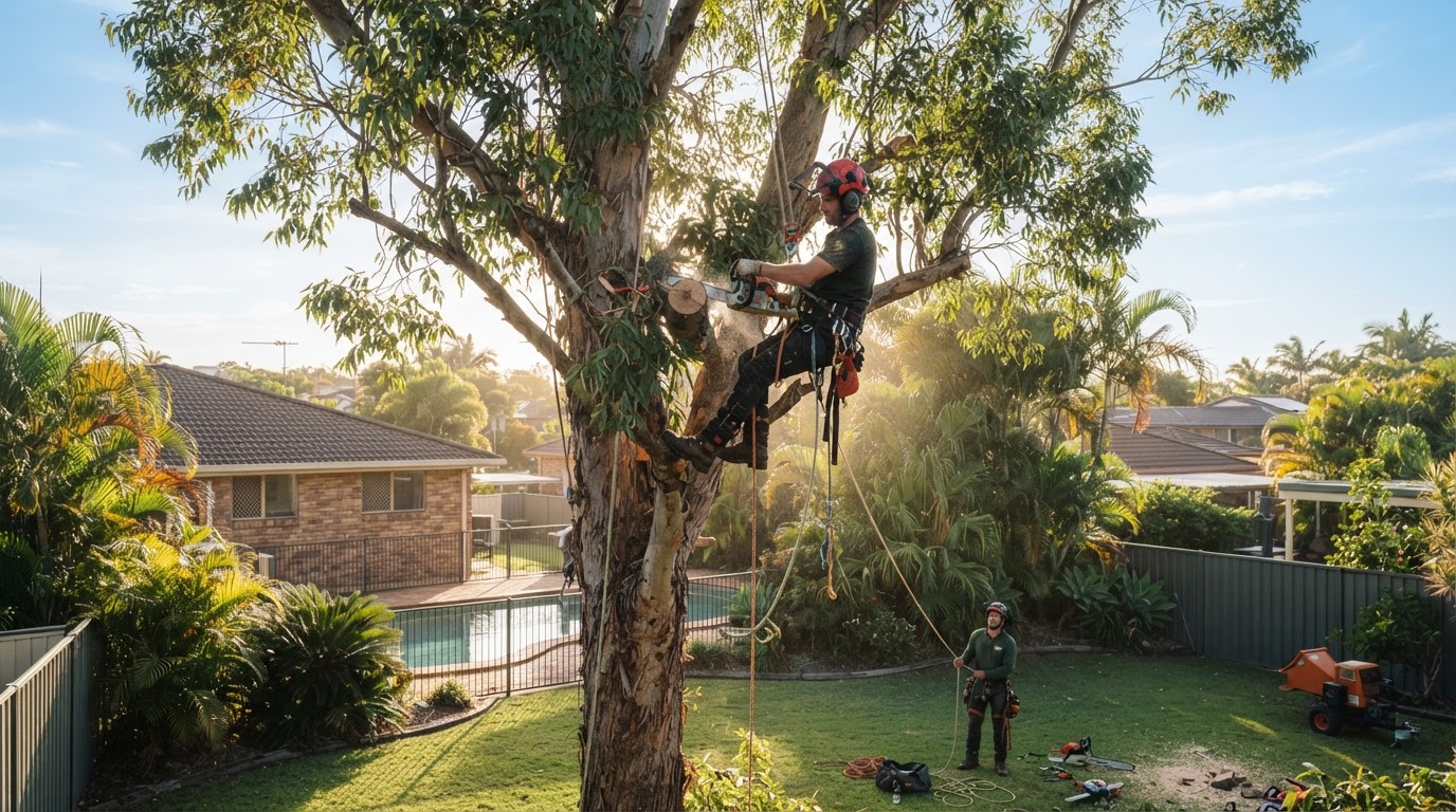 Arborist performing tree work on a large tree on the Gold Coast