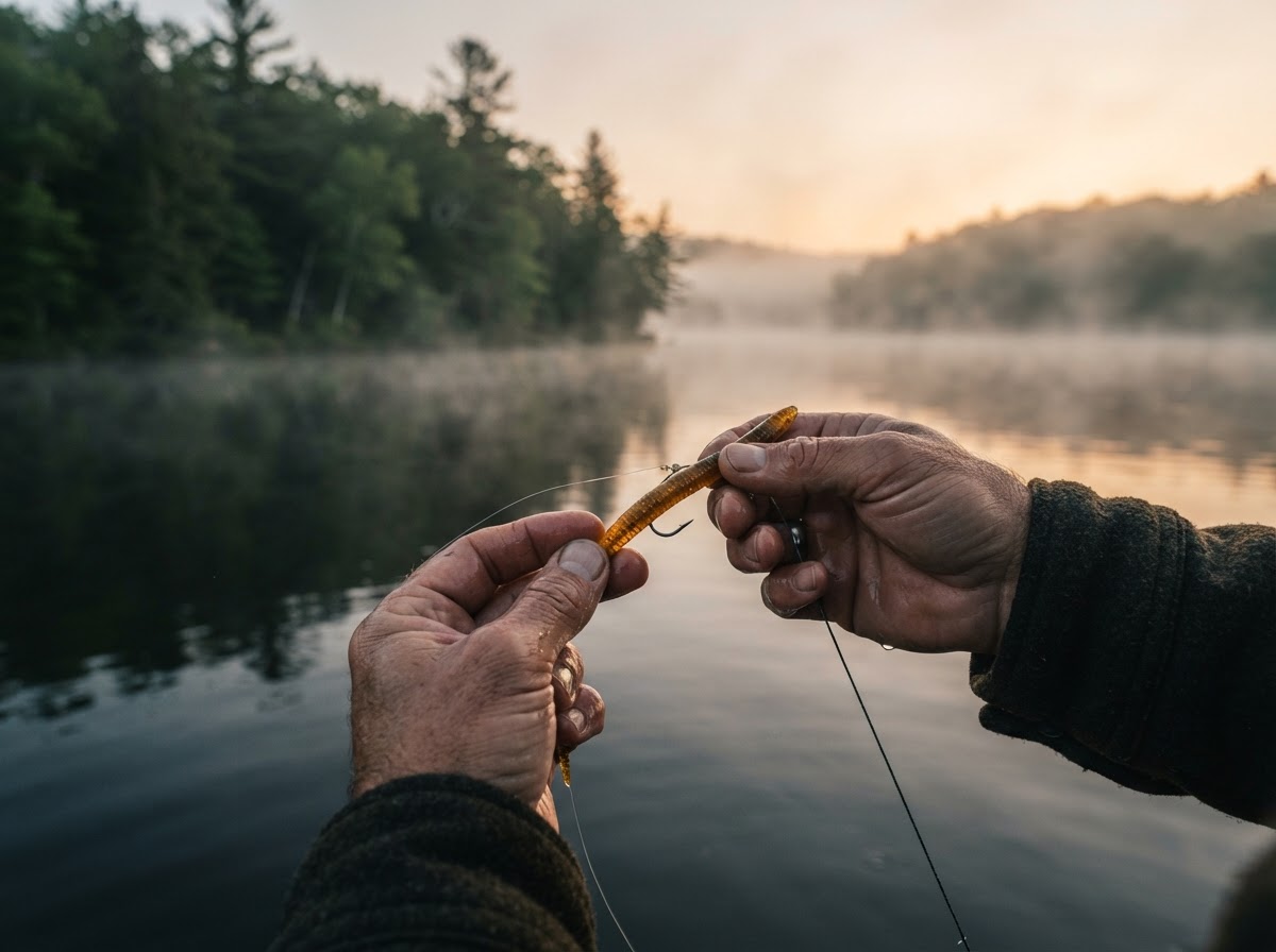 Angler holding a custom soft plastic bait over a misty Wisconsin lake