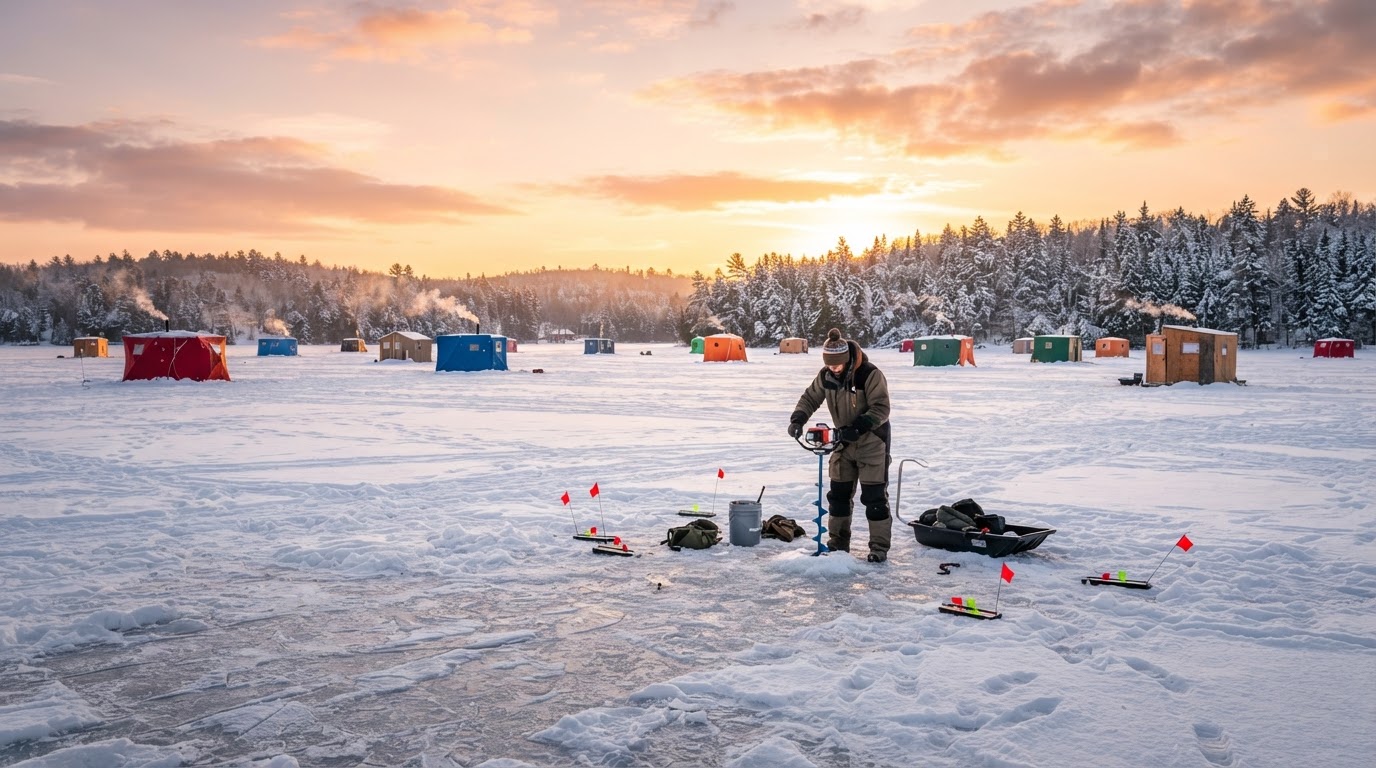 Ice fishing on a frozen Wisconsin lake with ice shanties and tip-ups