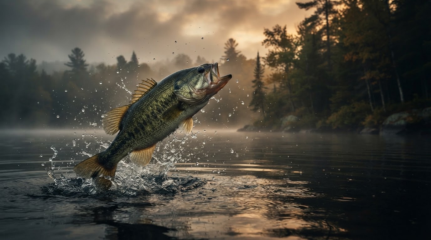 Largemouth bass leaping from a misty Wisconsin lake at dawn