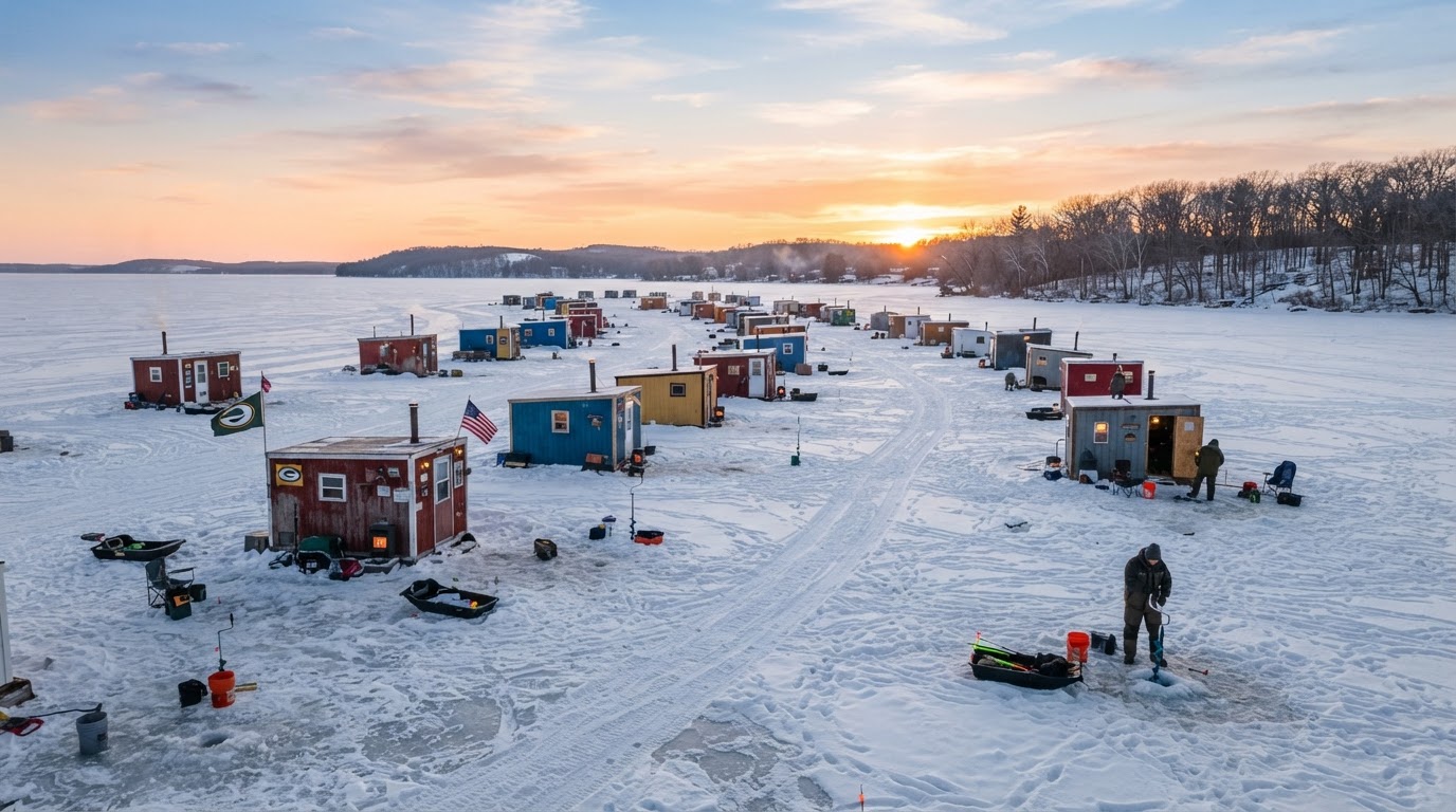 Ice fishing on Petenwell Flowage, Juneau / Wood County, Wisconsin