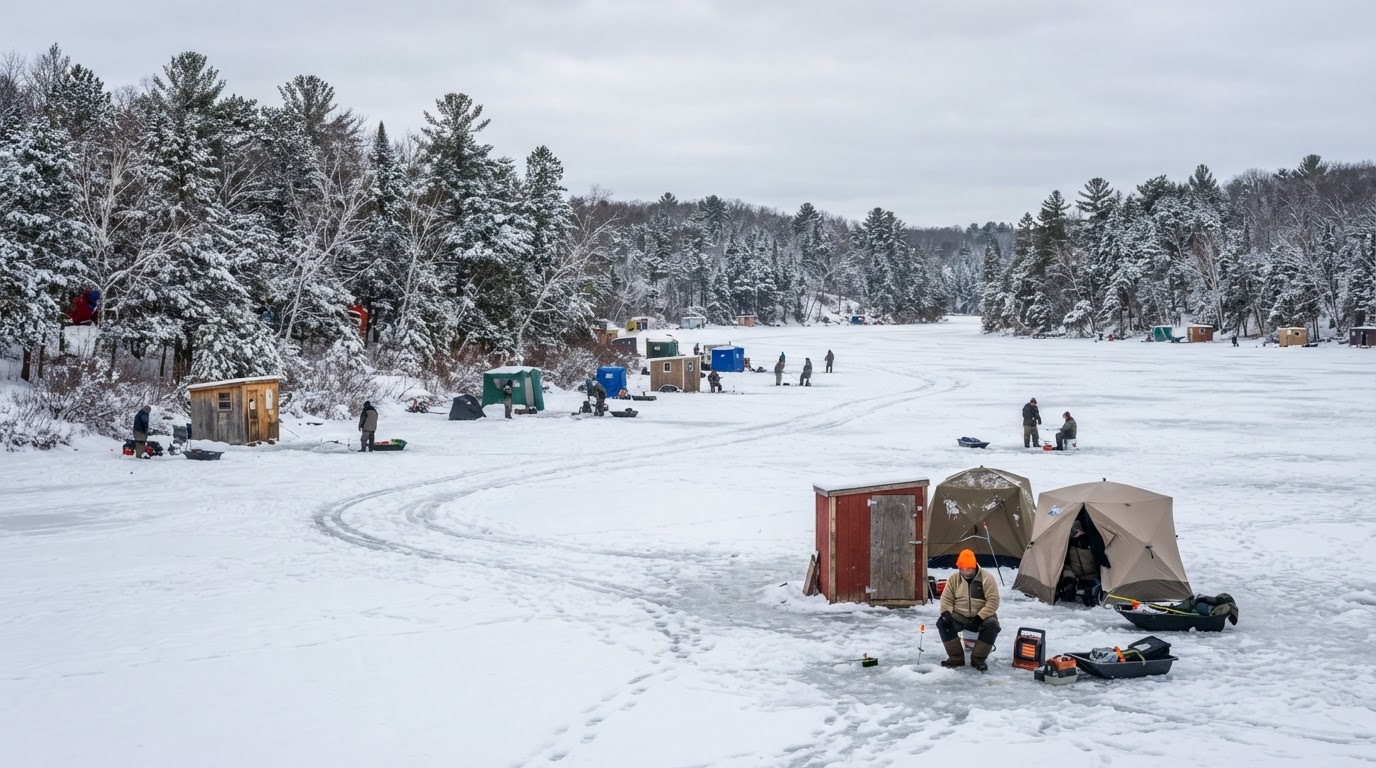 Ice fishing on Lake Namekagon, Bayfield County, Wisconsin