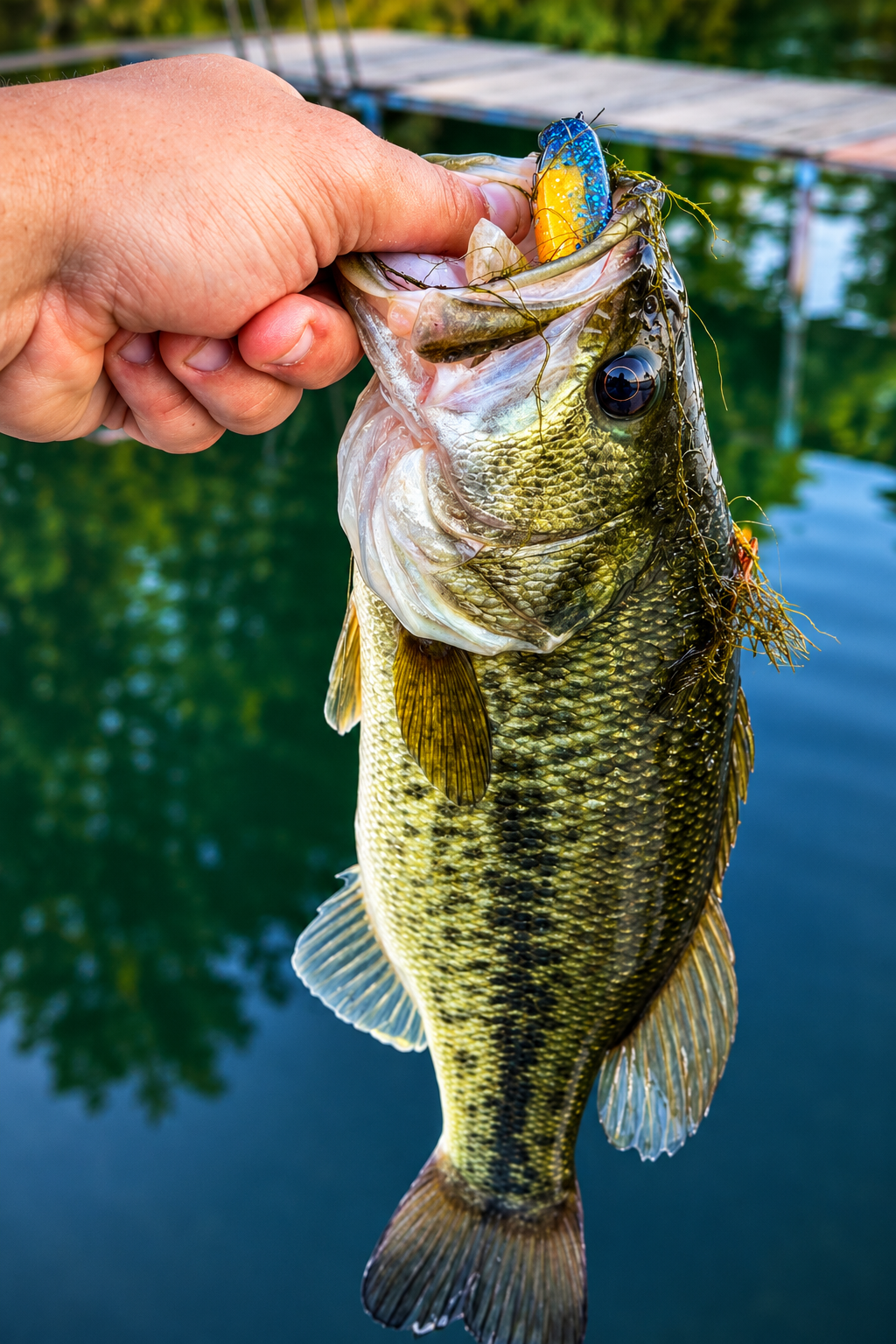 Angler holding a largemouth bass caught on a Country Cave Baits custom bait in Madison, WI
