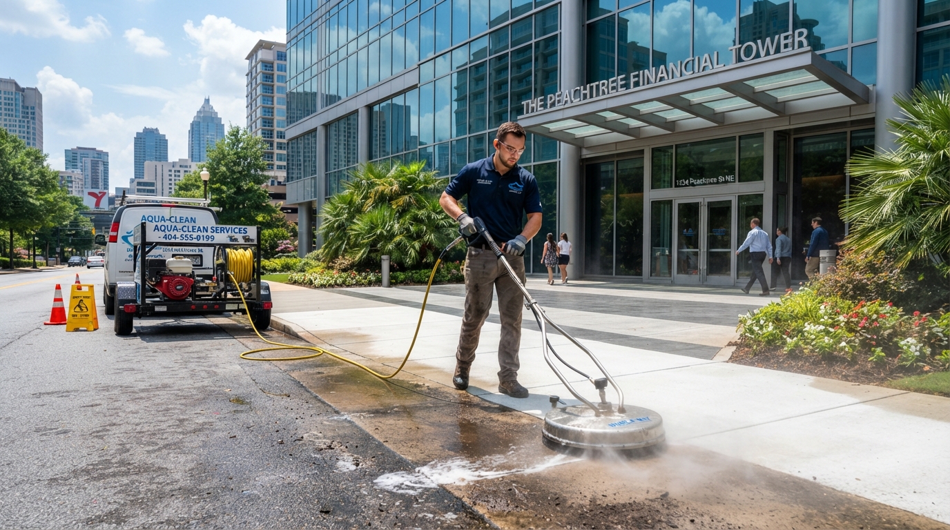 Commercial pressure washing technician cleaning a sidewalk in Metro Atlanta