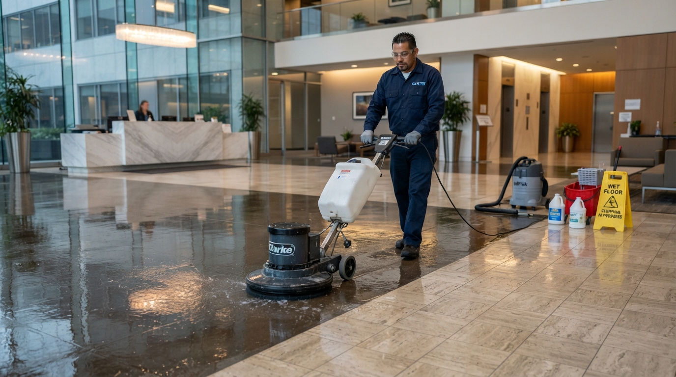 Commercial floor stripping and refinishing in a Metro Atlanta office lobby