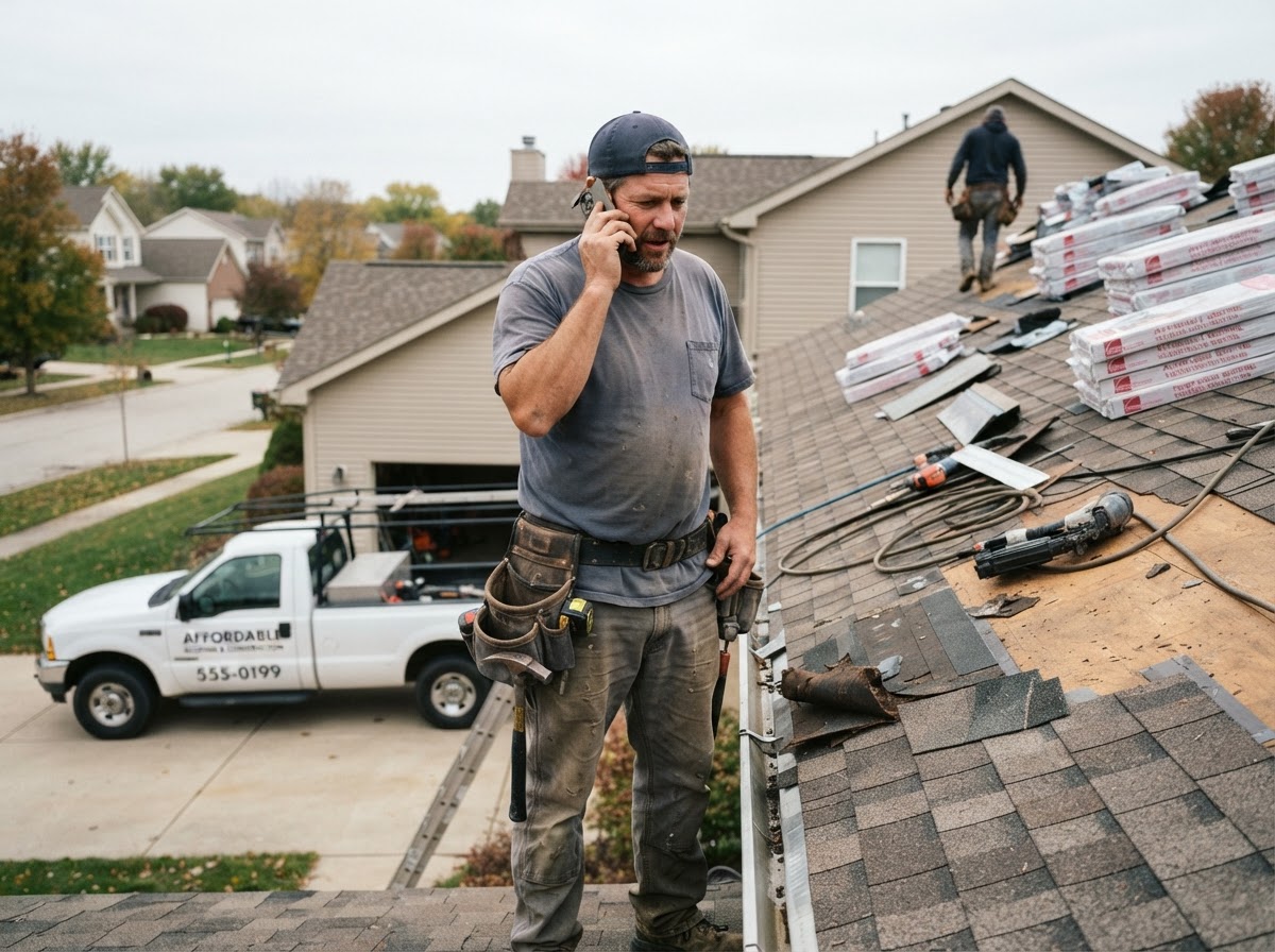 Roofing contractor on a phone at a residential jobsite with shingles and a branded pickup truck