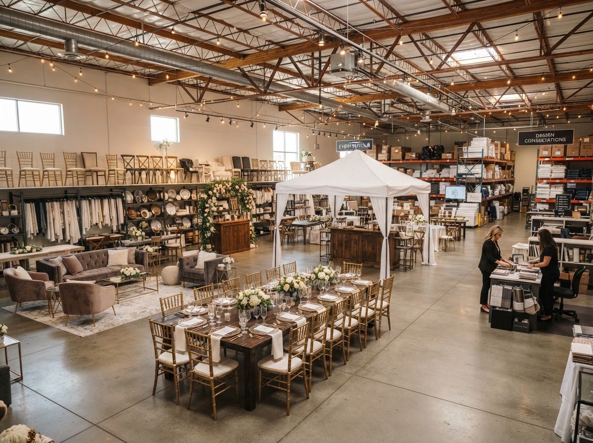 AZ Event Rentals showroom and warehouse with organized event rental inventory