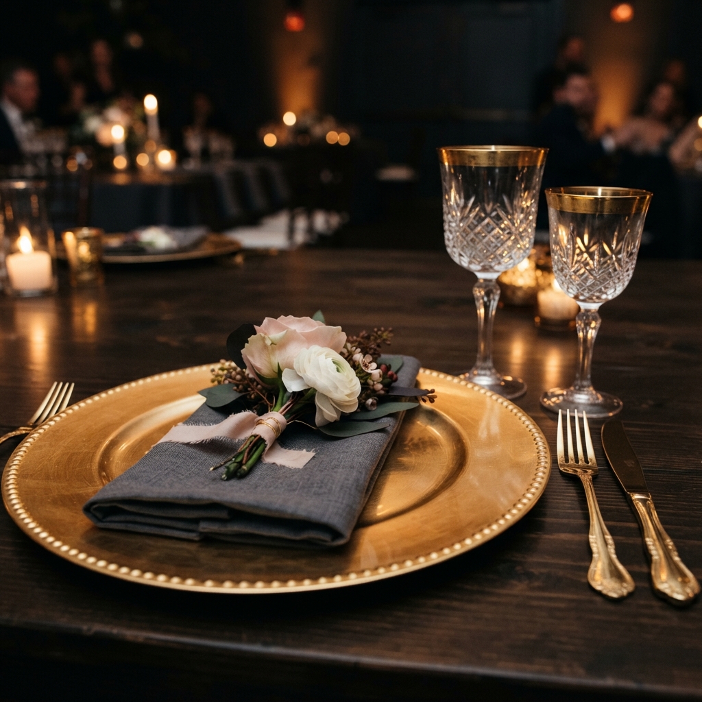 Elegant event place setting with gold charger plate and crystal glassware