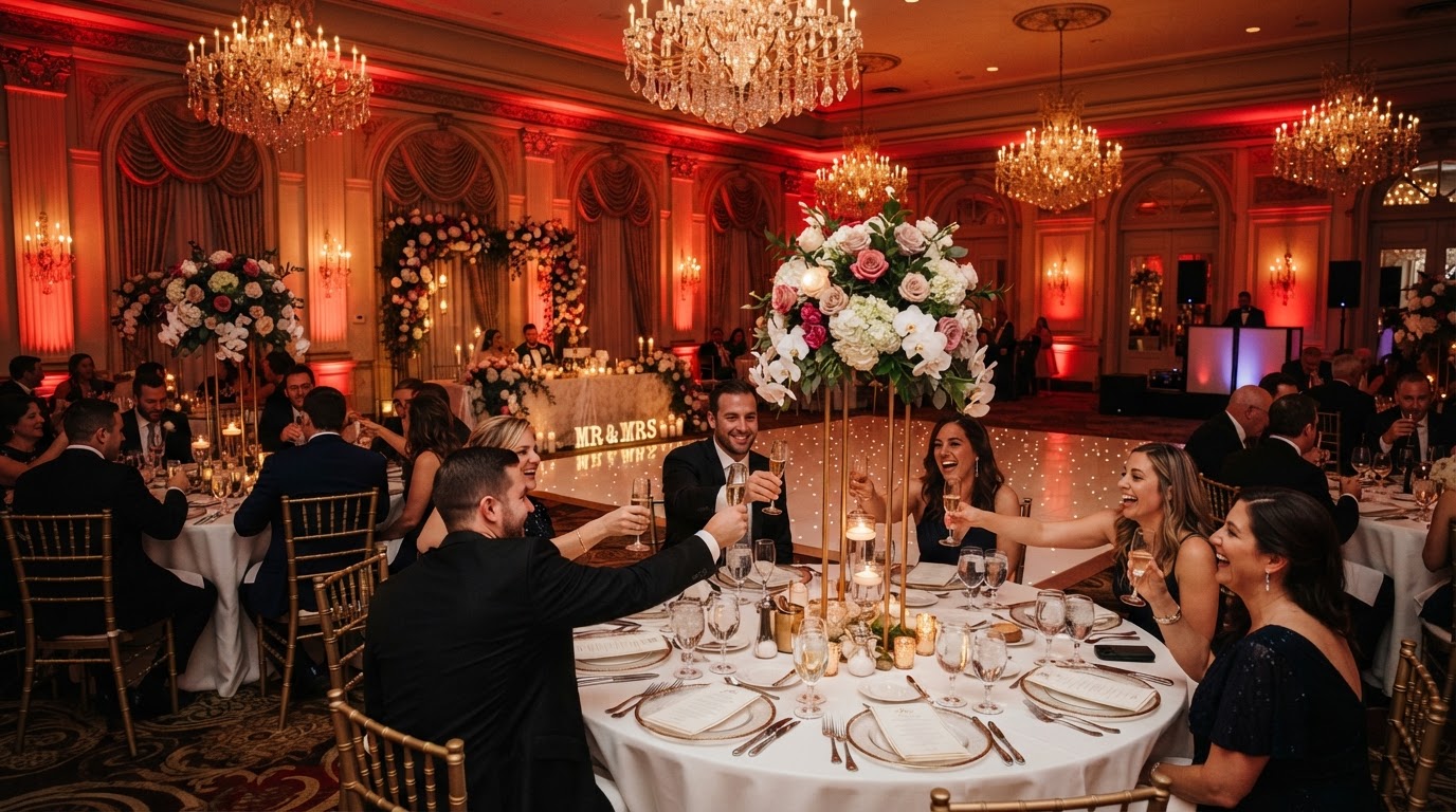 Elegant wedding reception with red uplighting, chandeliers, and beautifully set tables for a private celebration