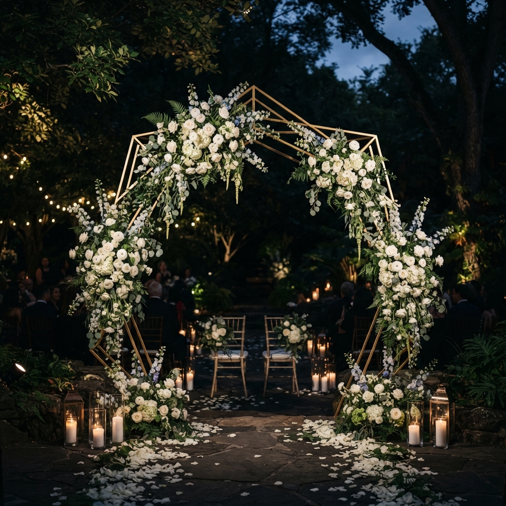 Floral arch decoration for an outdoor wedding ceremony