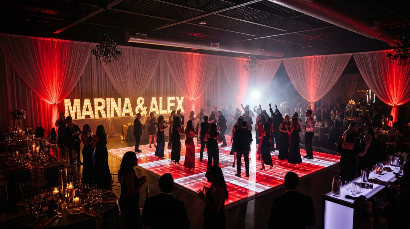 Nighttime event reception inside a modern venue with red uplighting and marquee letters