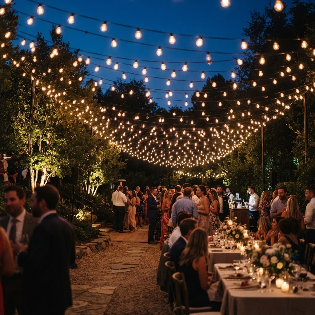 Bistro string lights forming a glowing canopy at dusk