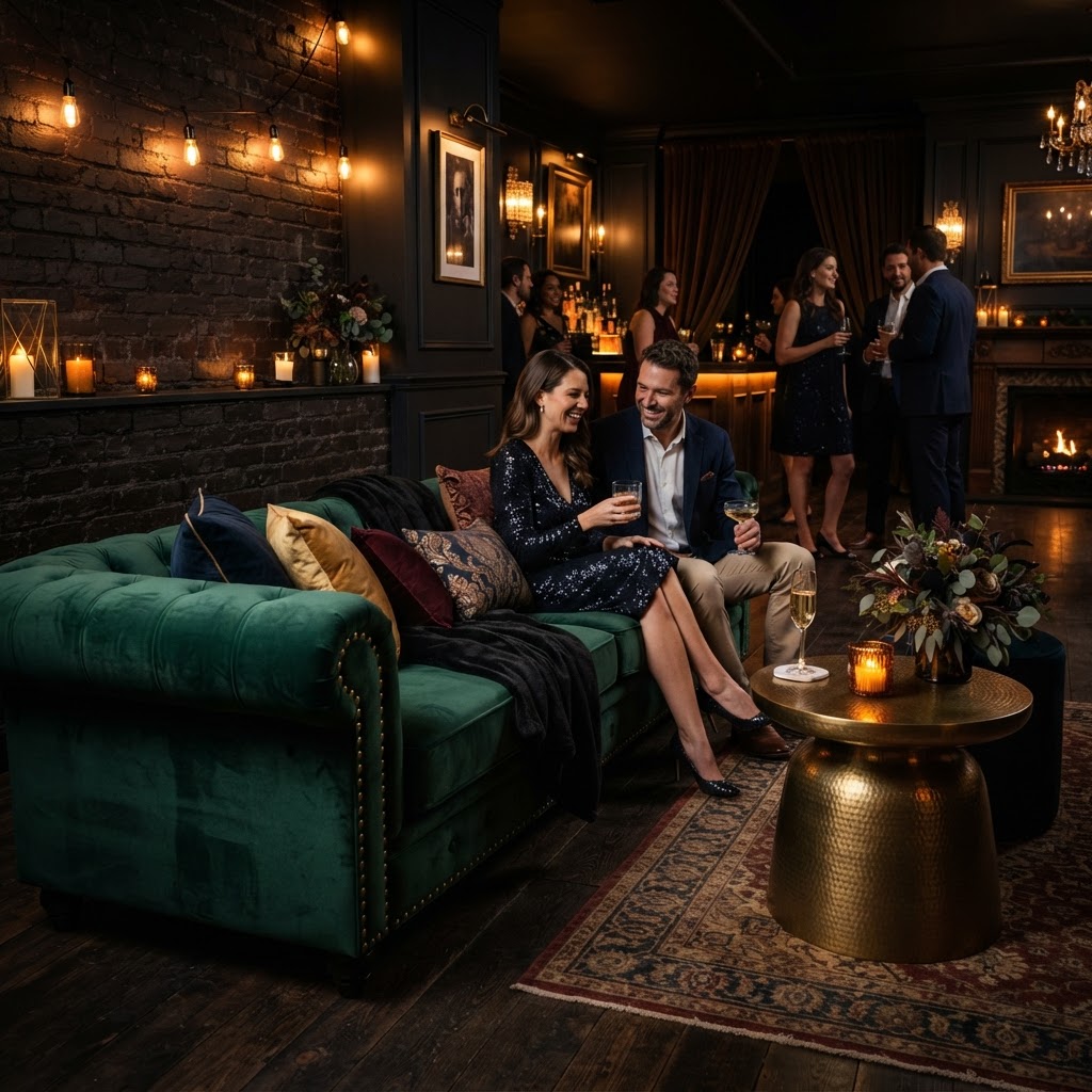 Luxury event lounge corner with velvet sofa and ambient lighting