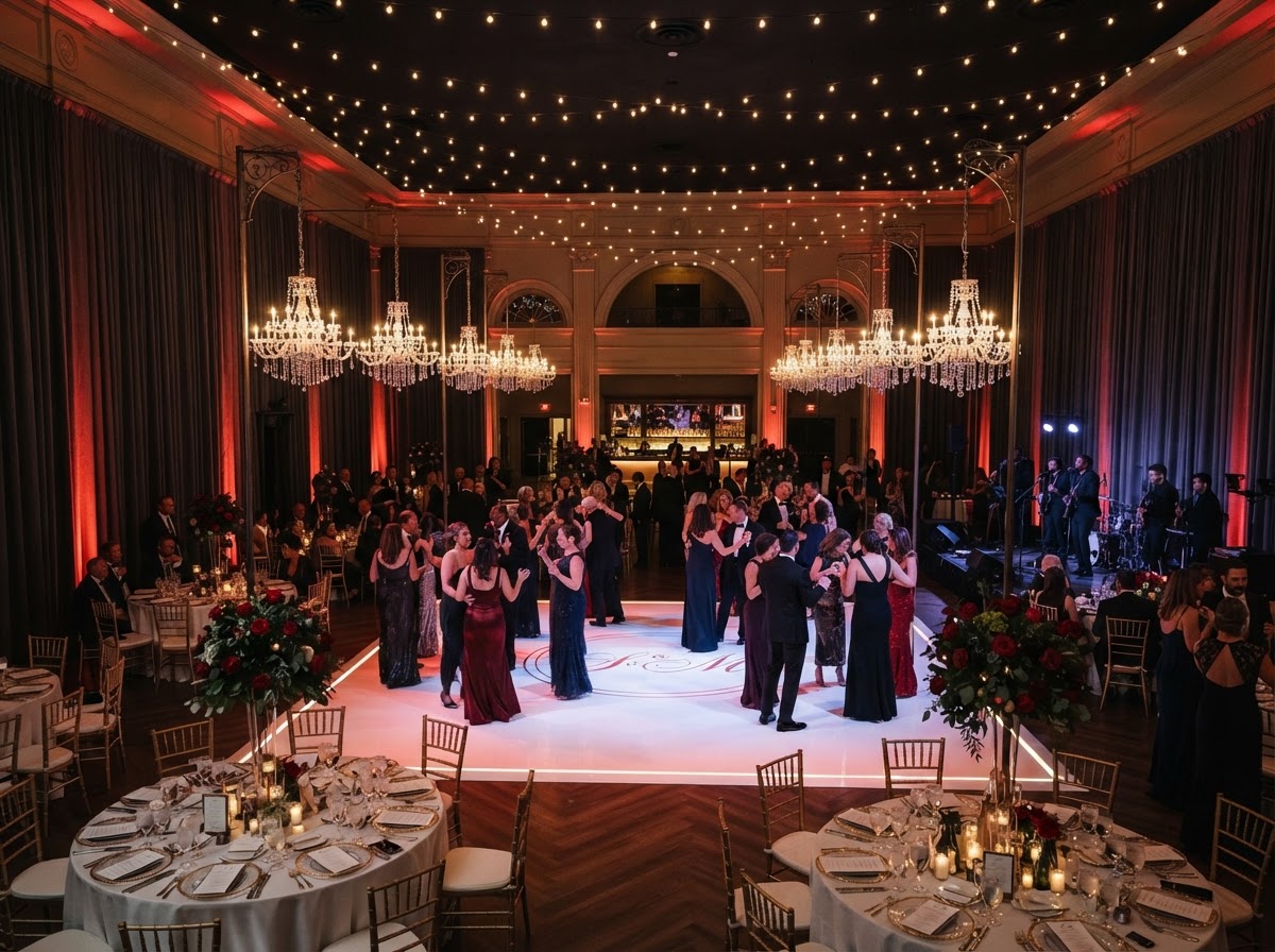 Luxury indoor wedding reception at night with red uplighting, chandeliers, and string lights