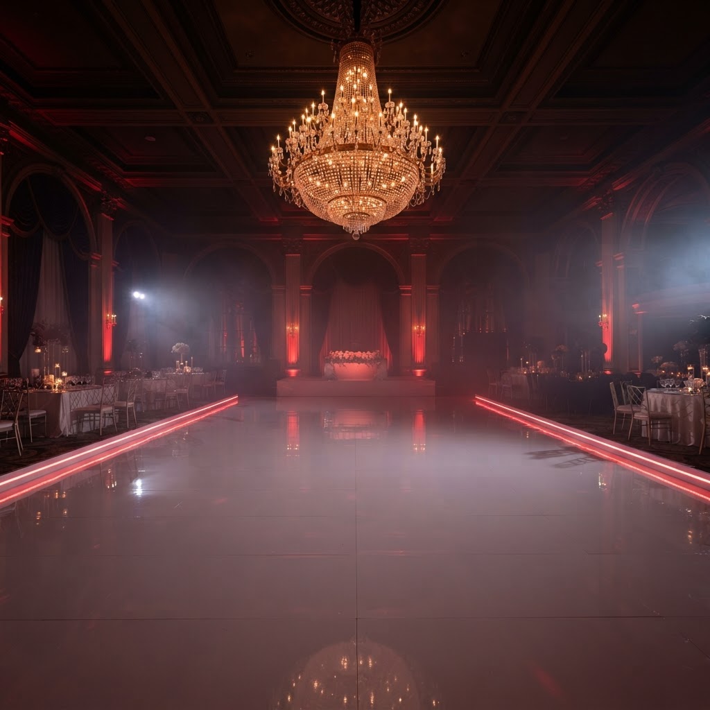 White dance floor with dramatic red uplighting at a gala