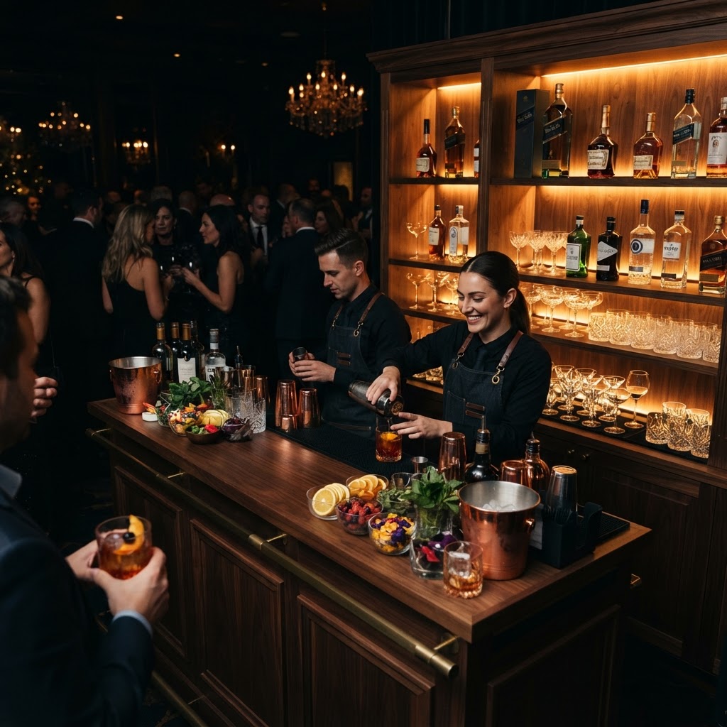 Portable event bar with backlit shelves and glassware