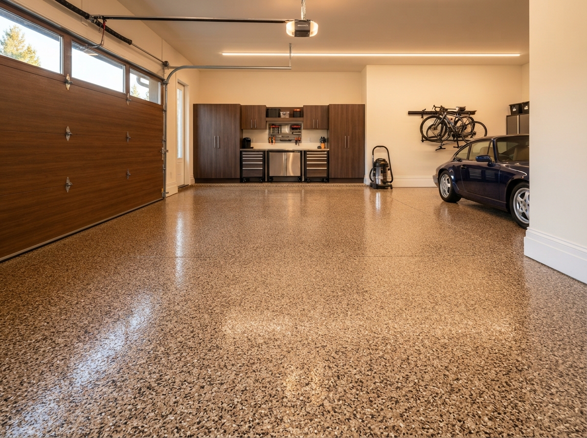 Decorative flake epoxy garage floor coating installed in Odessa, TX