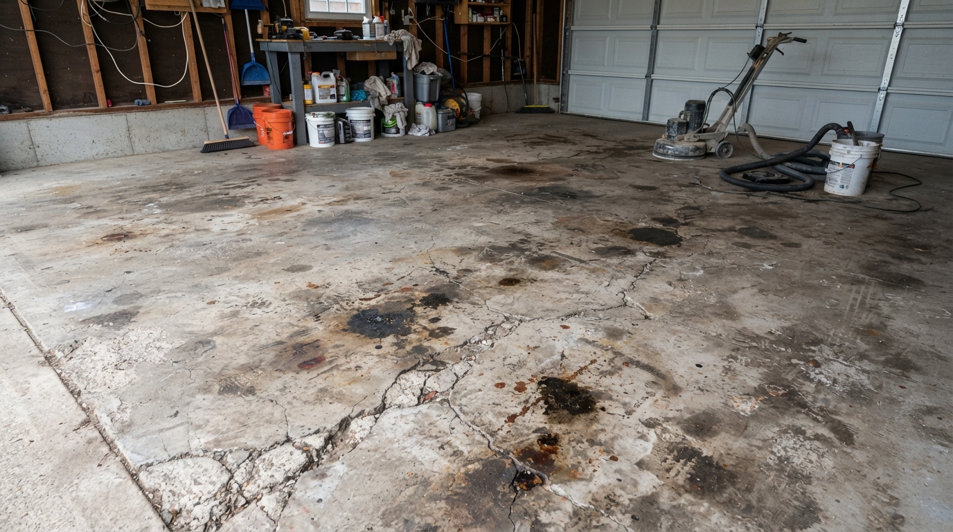 Stained and cracked bare concrete garage floor before coating in Odessa, TX