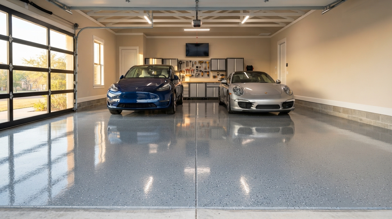 Freshly installed metallic gray epoxy garage floor in Odessa, TX