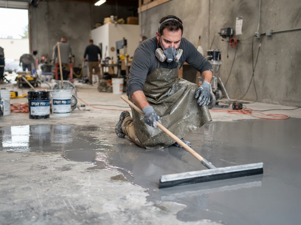 Epoxy flooring installer applying coating with a squeegee in Odessa, TX
