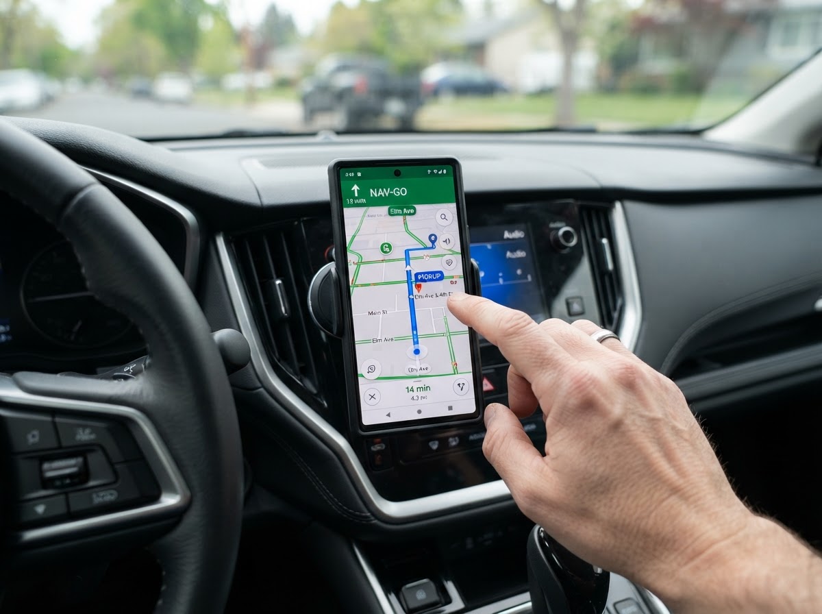 Smartphone showing a delivery app with navigation for a gig-work driver