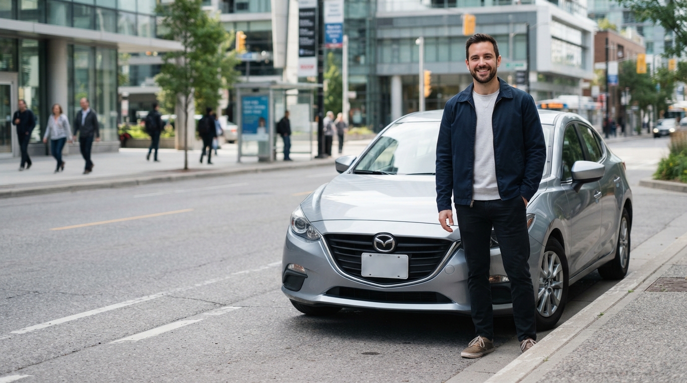 Rideshare and delivery driver beside a reliable sedan