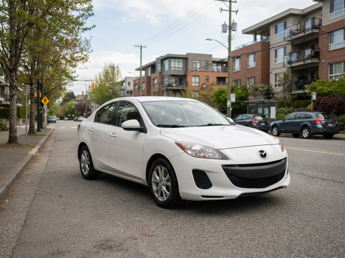 Well-maintained used white 2013 Mazda3 sedan for rideshare and delivery driving