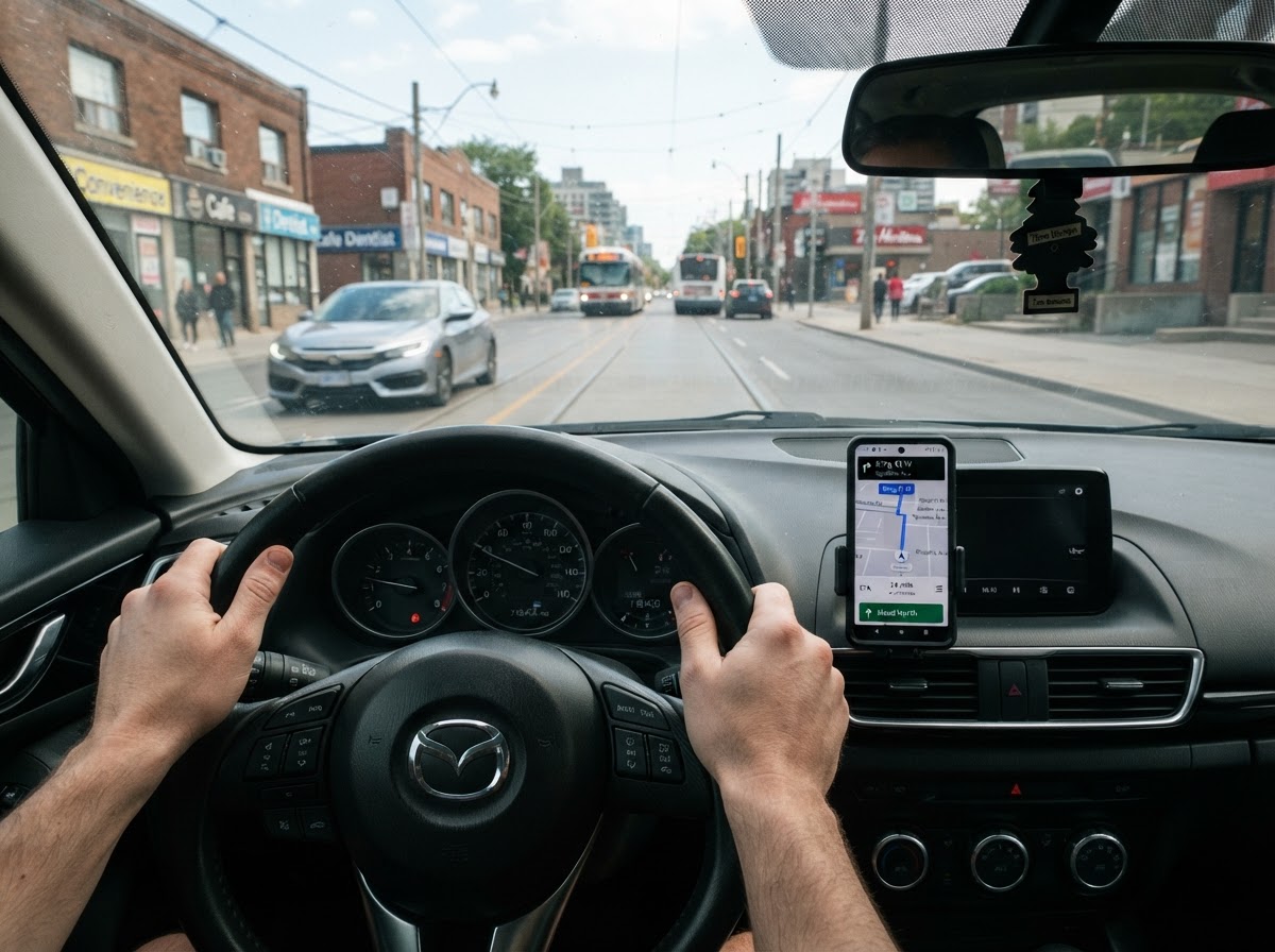 Uber driver navigating a Canadian city in a Mazda 3