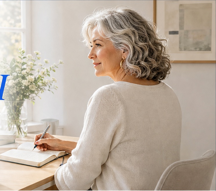 A woman writing thoughtfully at a desk
