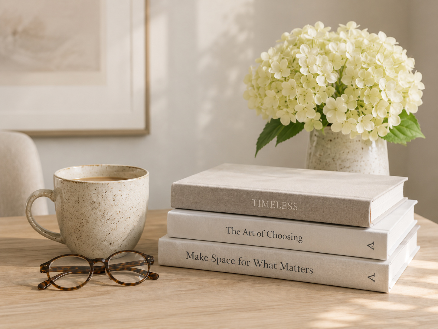 A still life with flowers, a vase, a coffee mug, glasses, three books, and a tabletop