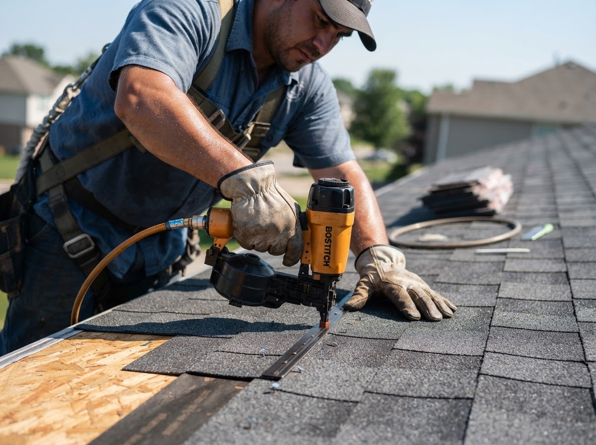 Roofer installing shingles on a residential roof