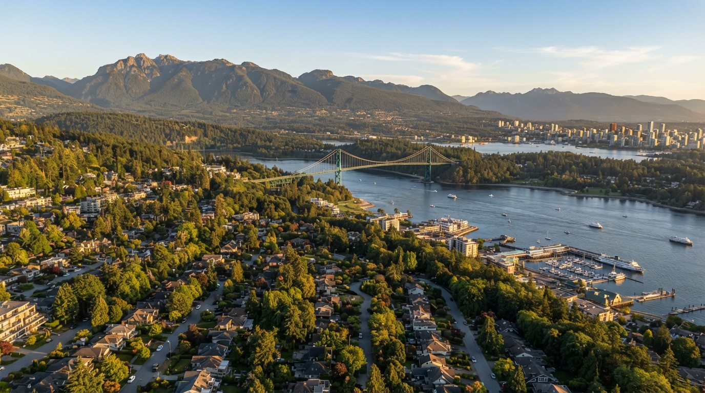 Aerial view of North Vancouver, BC at golden hour showing the North Shore mountains and Burrard Inlet