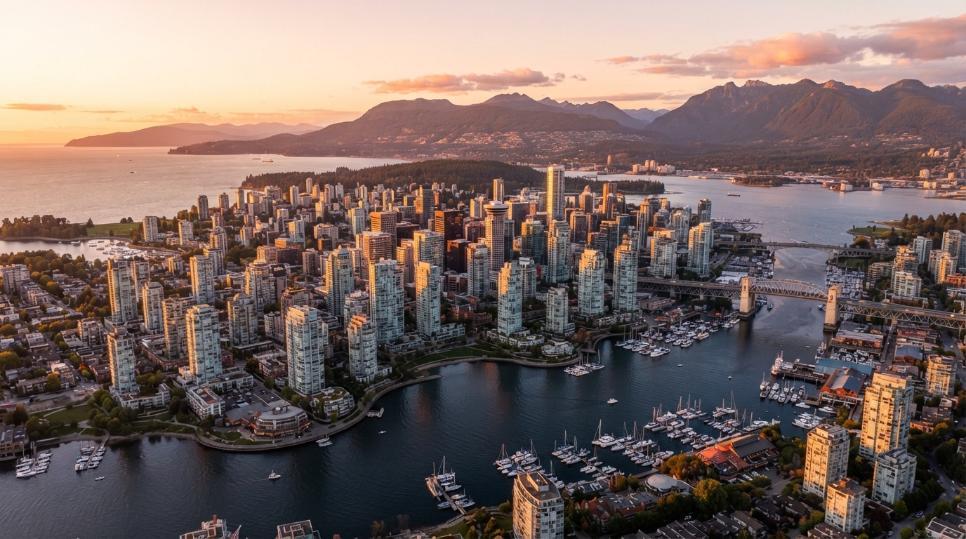 Aerial view of Vancouver, BC skyline at golden hour showing downtown skyscrapers and English Bay