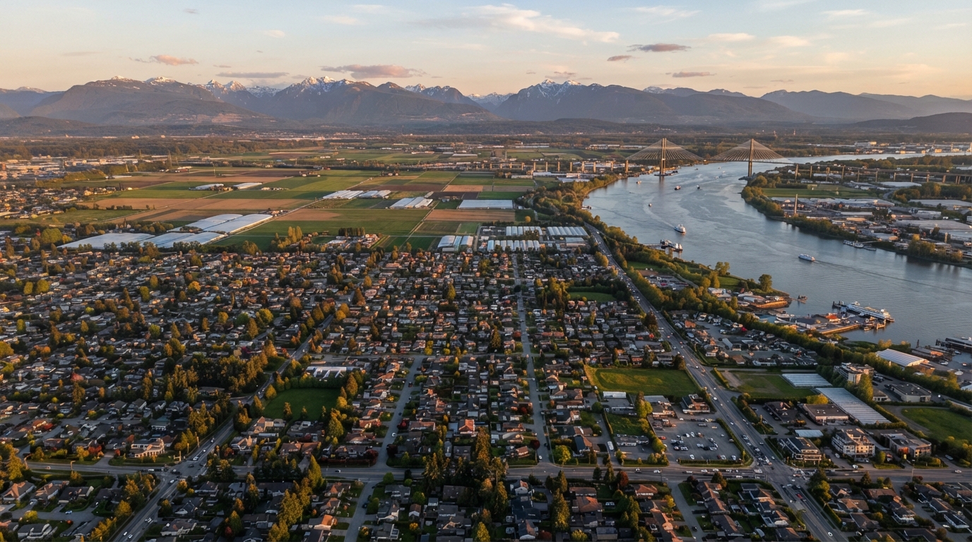 Aerial view of Richmond, BC at golden hour showing the Fraser River and flat suburban landscape