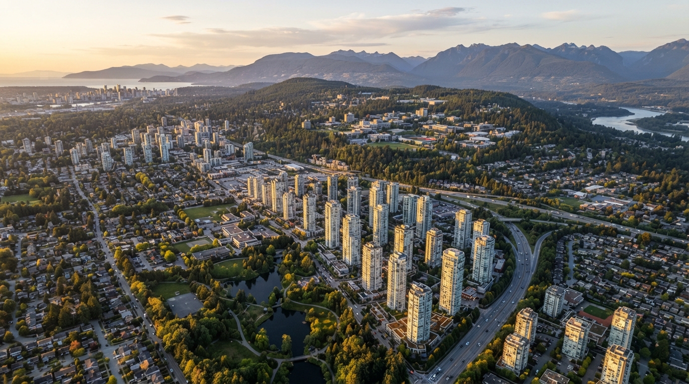 Aerial view of Burnaby, BC at golden hour showing the Metrotown skyline and Burnaby Mountain