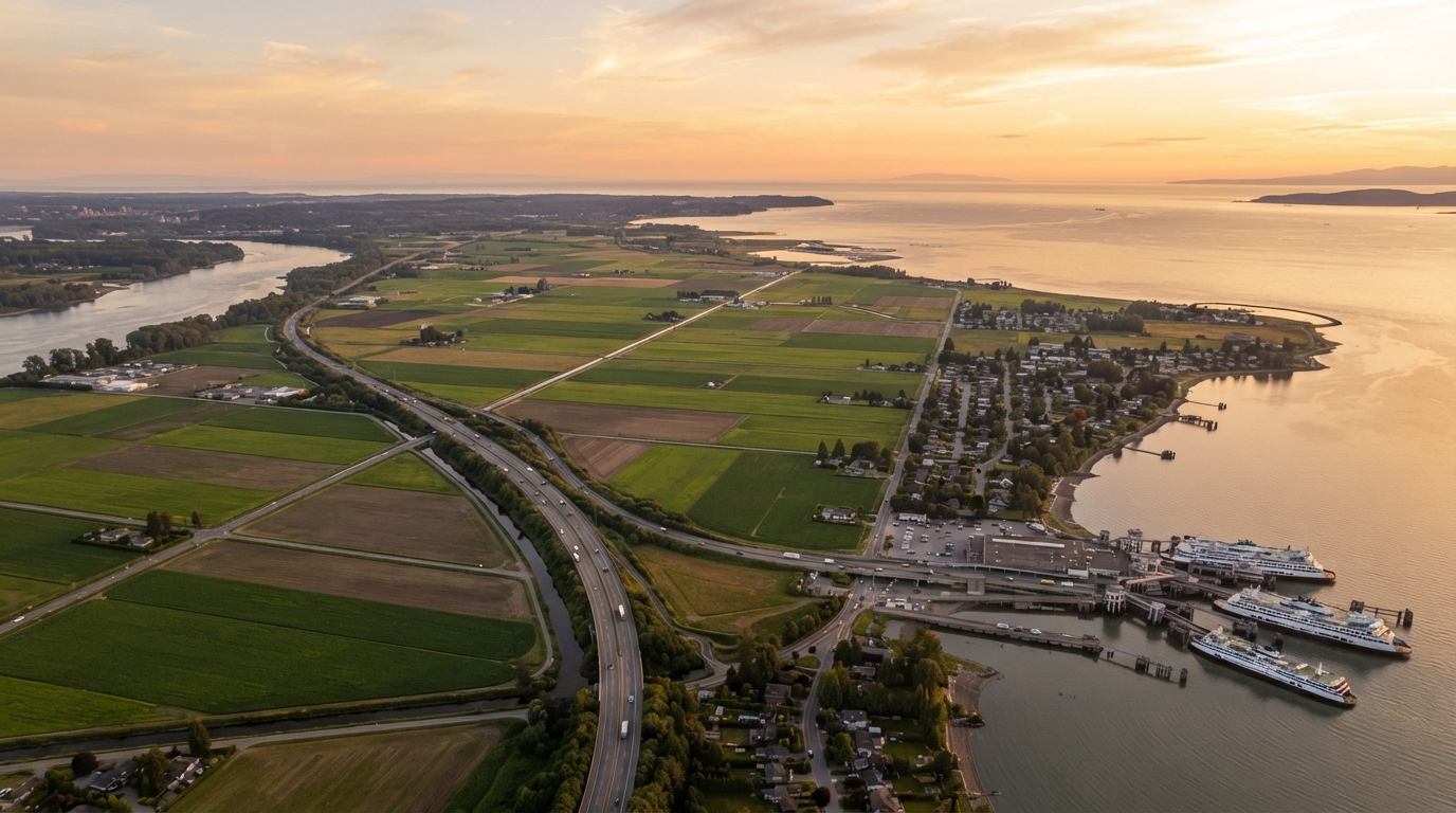 Aerial view of Delta, BC at golden hour showing flat farmland, Boundary Bay, and the Tsawwassen area