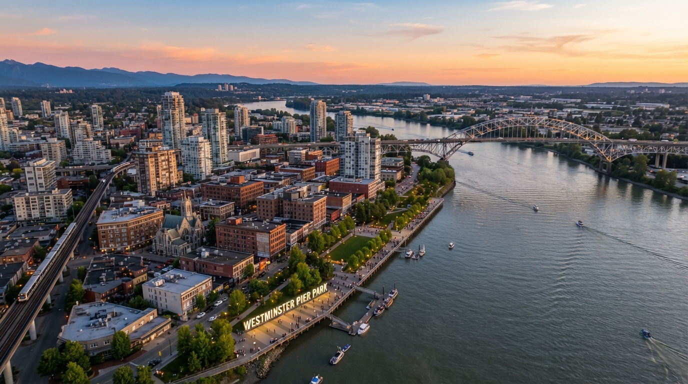 Aerial view of New Westminster, BC at golden hour showing the Fraser River and Westminster Pier Park