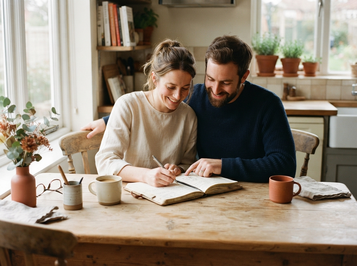 A couple sitting together at a table, writing in a notebook.