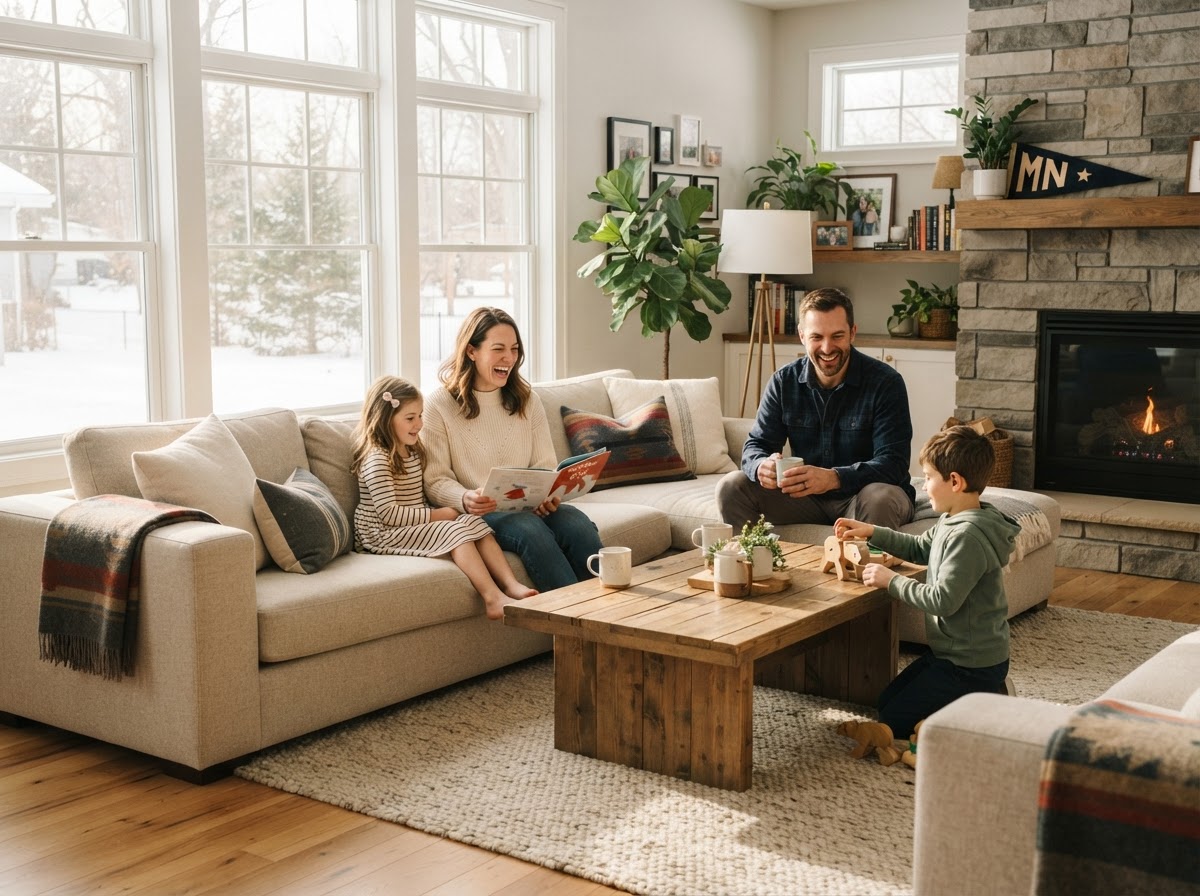Family relaxing in a clean Minnesota living room