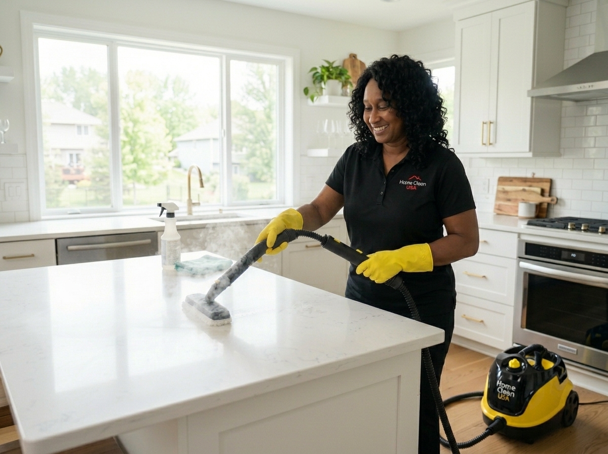 Professional steam cleaning a kitchen countertop