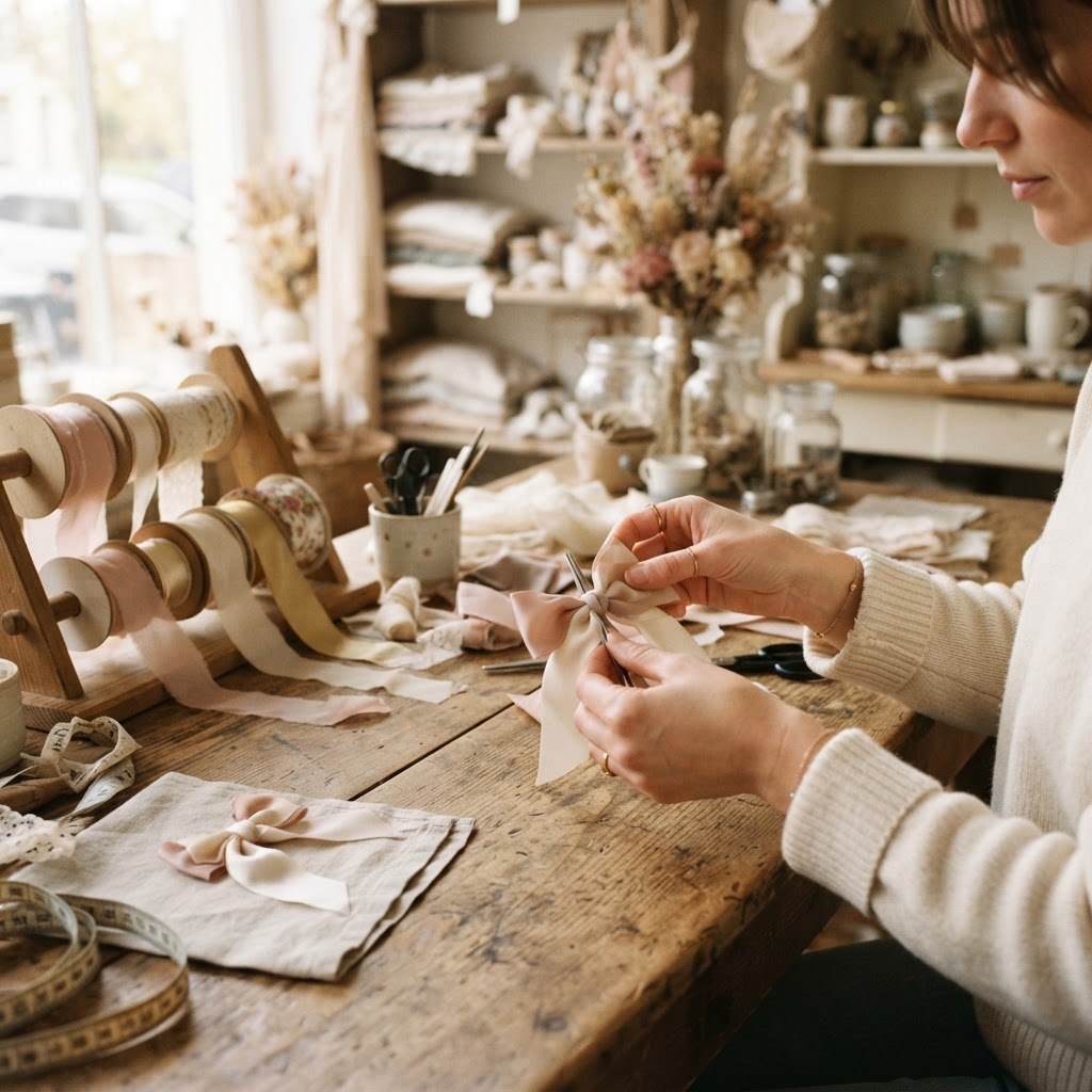 Hands handcrafting a hair bow at the HomeMadeAmandas Way workbench