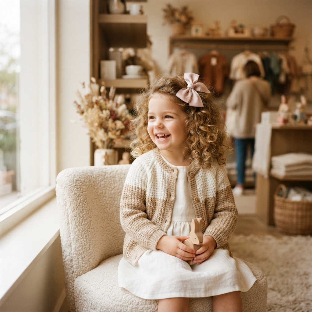 A happy girl wearing a handmade blush pink hair bow from HomeMadeAmandas Way