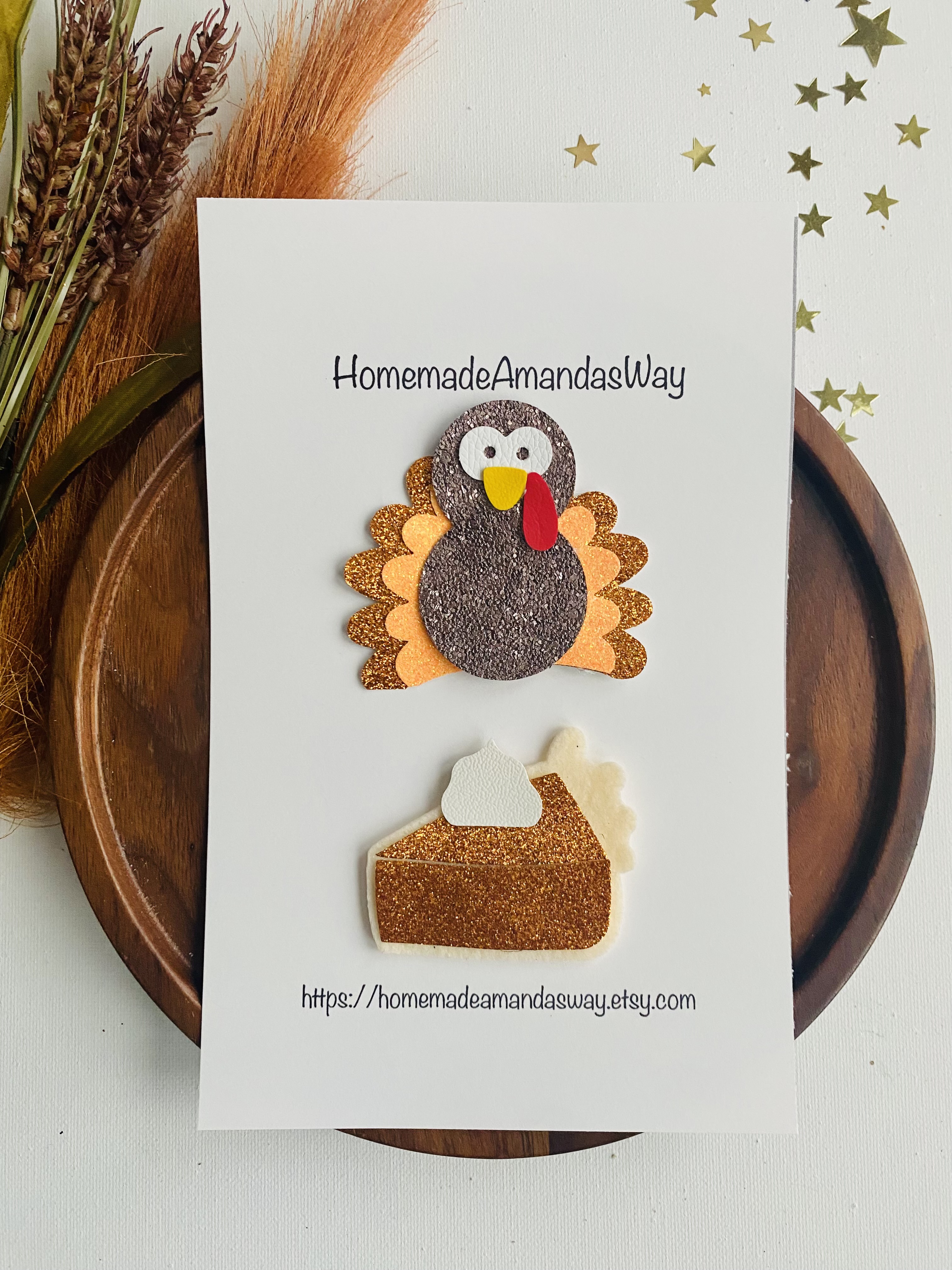 Thanksgiving Turkey & Pie Bow Set — 2 Pack — handmade hair bow in Glitter Brown & Gold