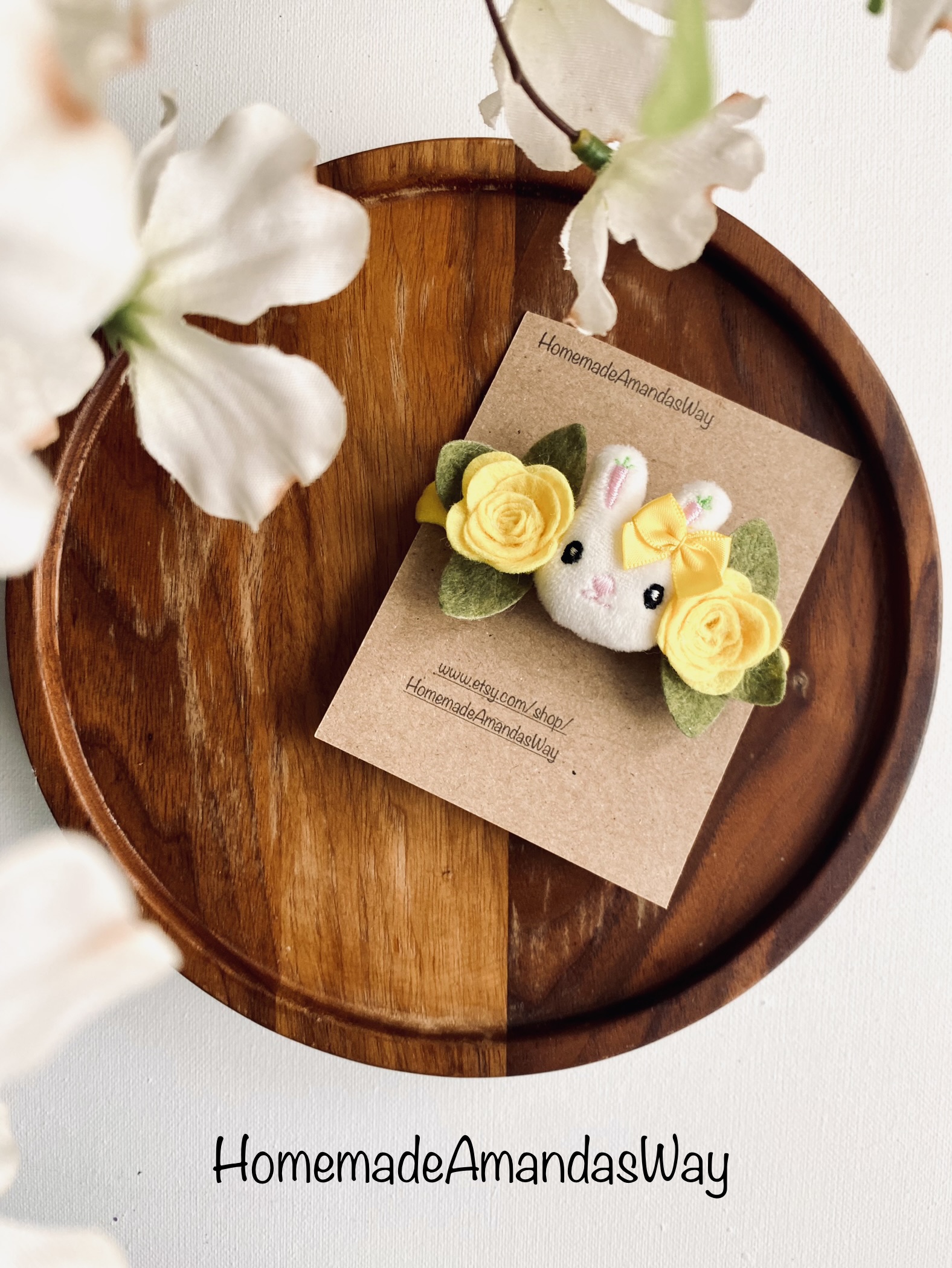 Easter Bunny & Roses Headband or Clip — handmade hair bow in White & Yellow