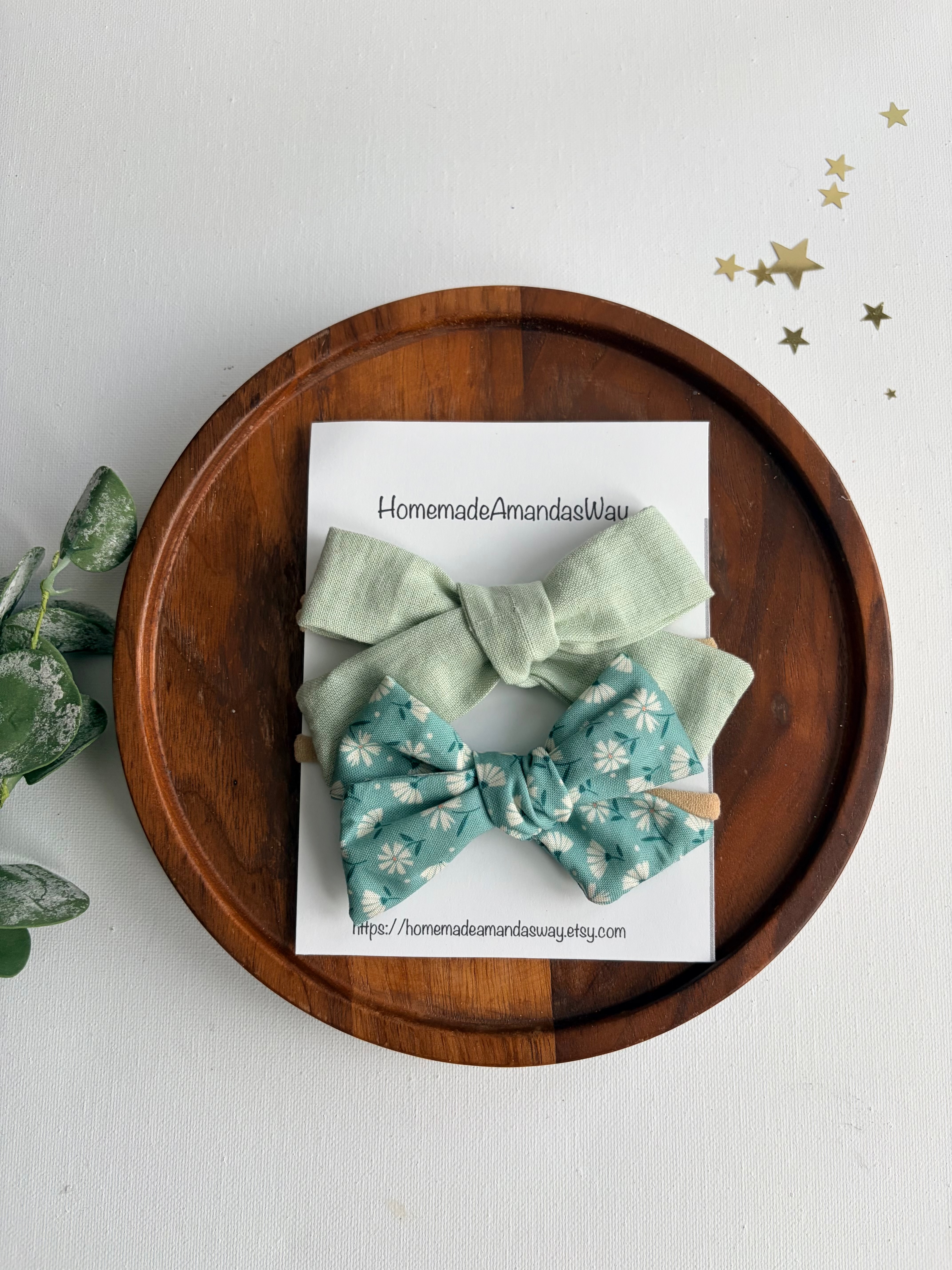 Sage & Tea Floral Bow Set — Headband & Clip — handmade hair bow in Sage Green