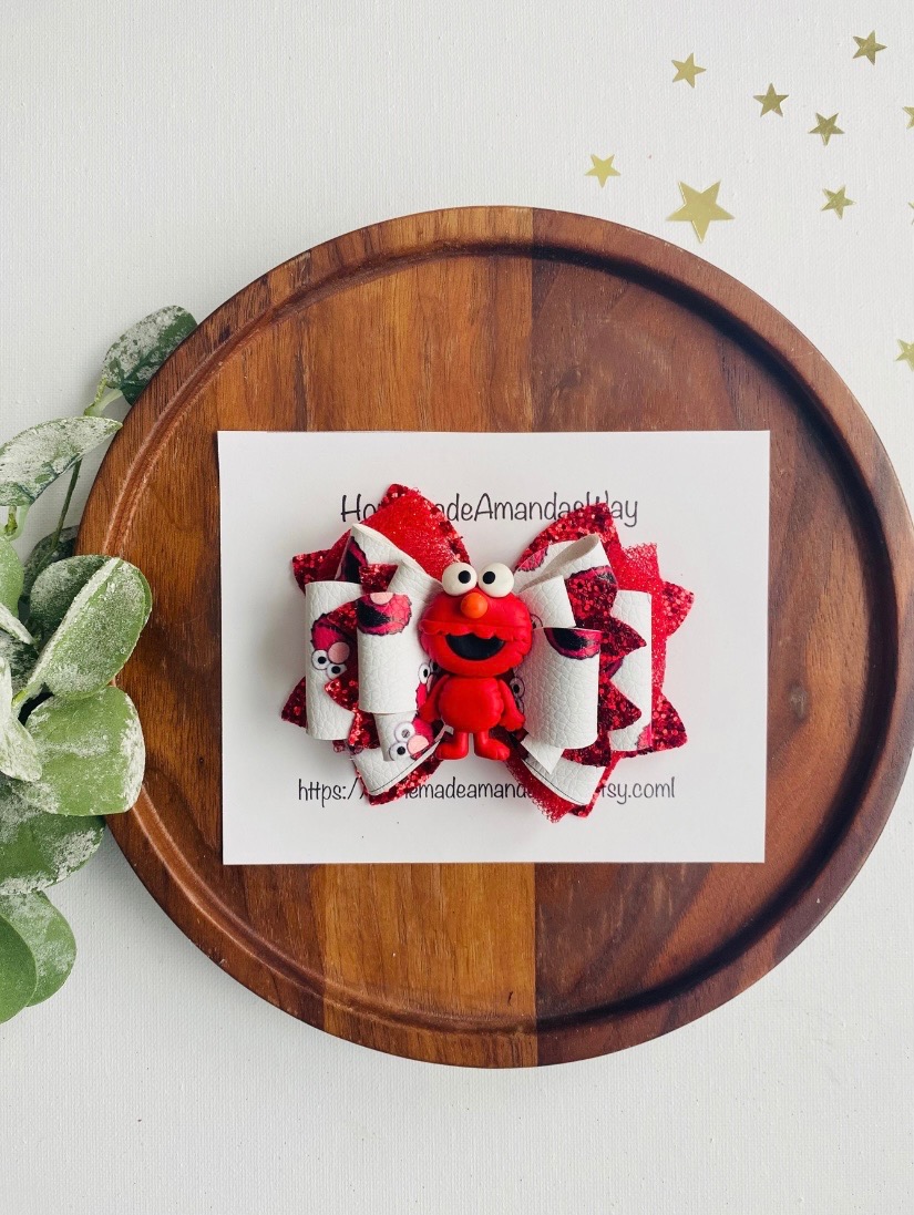 Elmo Character Bow — Clip or Headband — handmade hair bow in Red & White