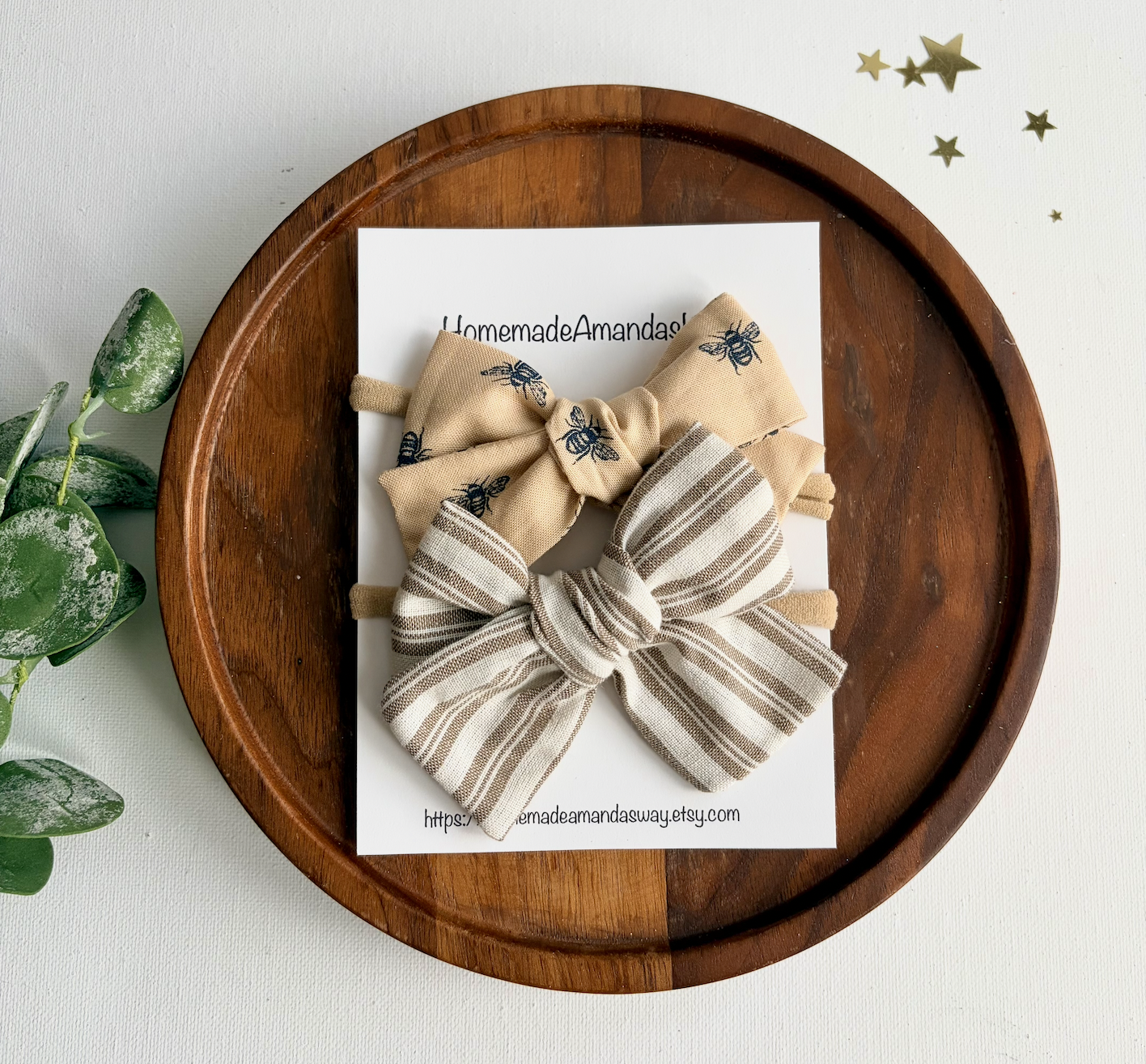Bumble Bee & Tan Stripe Bow Set — Clip or Headband — handmade hair bow in Tan Bumble Bee
