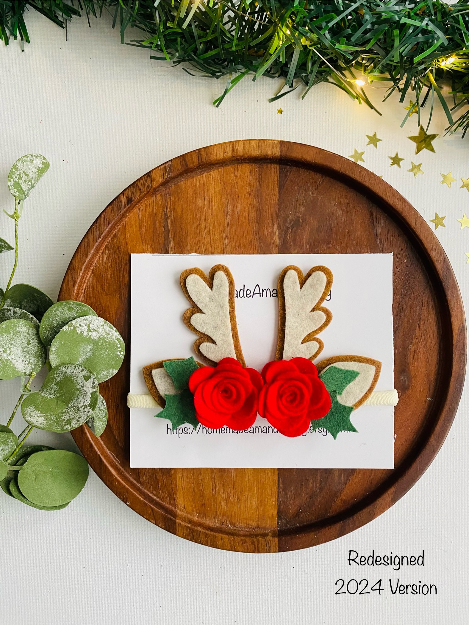 Reindeer Antler & Rose Holiday Bow — handmade hair bow in Cream & Red